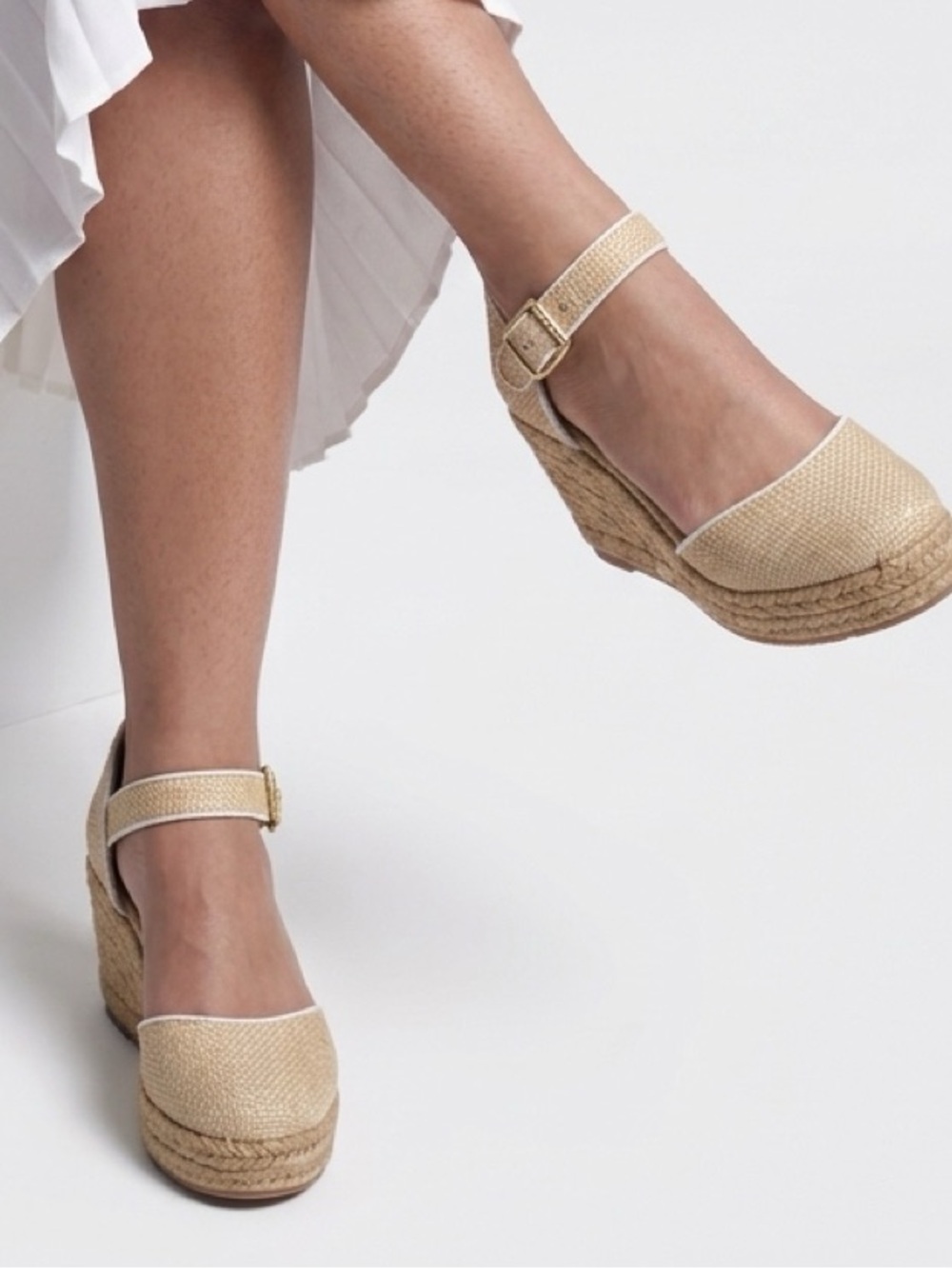 Jack Rogers Beige Natural Woven Espadrille Wedge Sandals with Ankle Strap